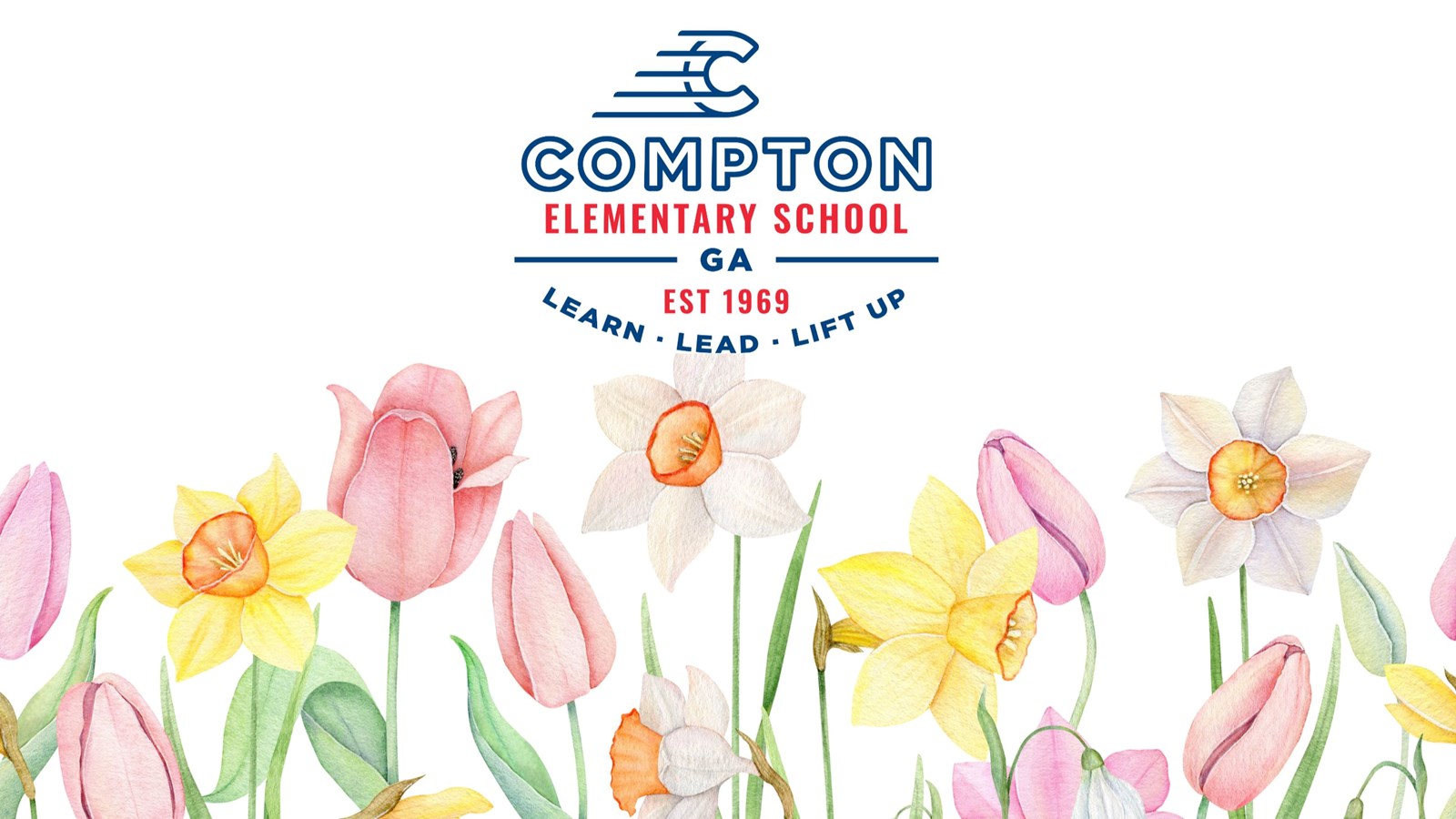 School Logo over spring flowers